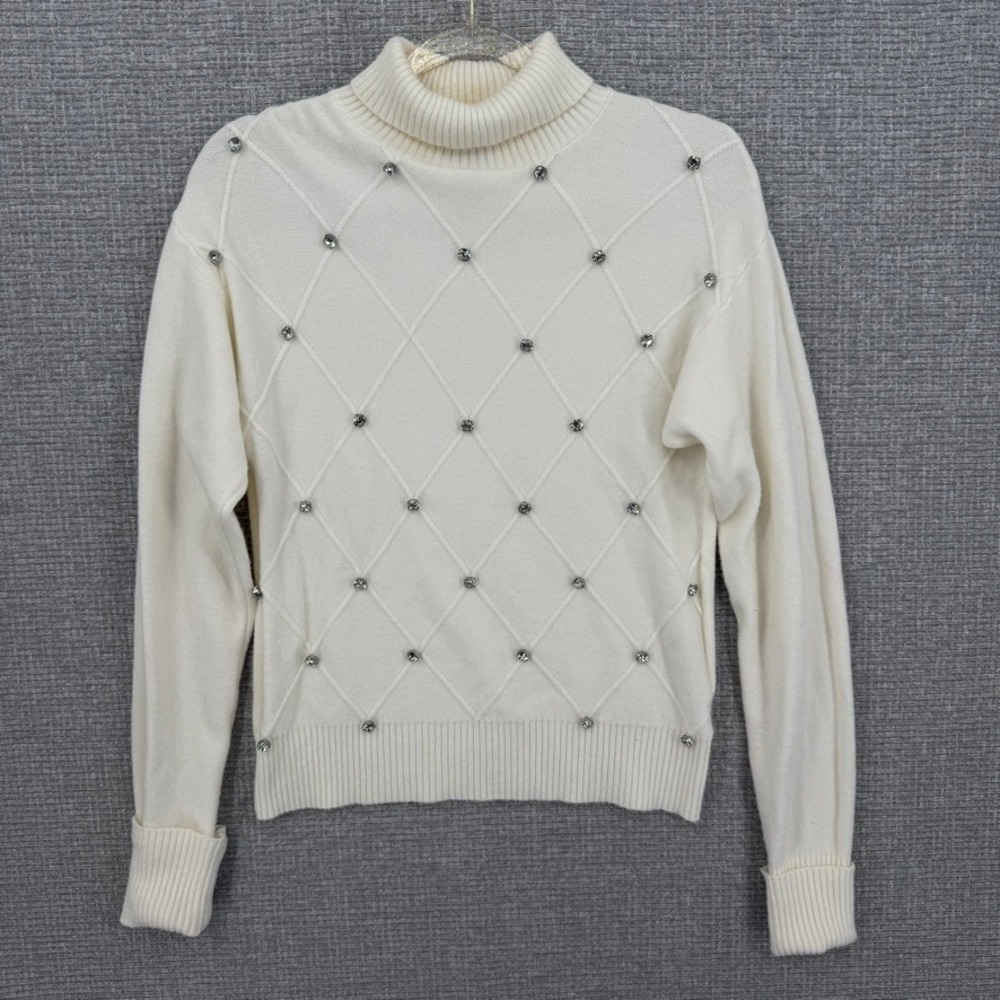 OnTwelfth Turtleneck Sweater Women Small White Rhinestone Diamond Knit Coquette